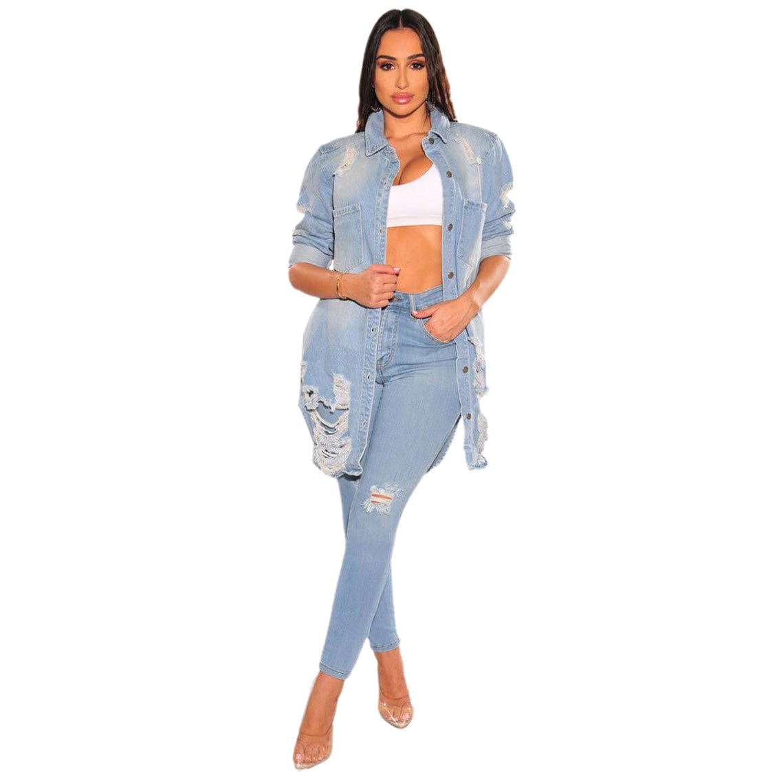 Women's Casual Distressed Ripped Single-breasted Long Denim Jacket
