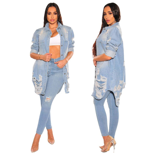 Women's Casual Distressed Ripped Single-breasted Long Denim Jacket