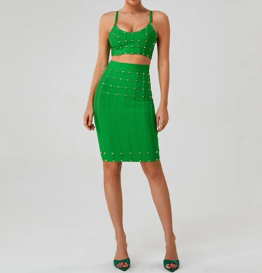 Women's Clothes Sexy Spaghetti Strap Beaded two piece set Suits Dress