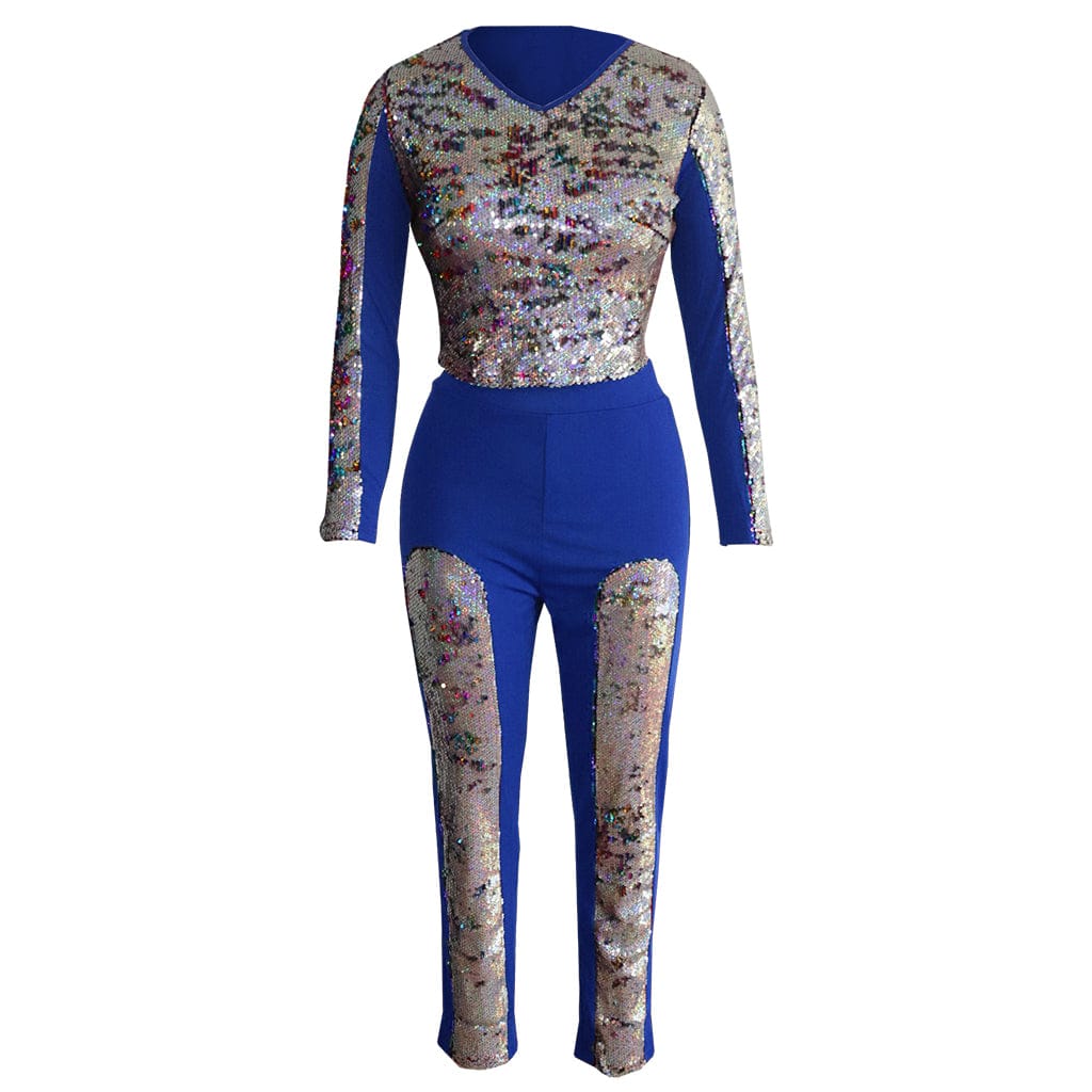 women's clothing Double-sided Colorful Sequin Long Sleeve V Neck Nightclub Tops & Trousers