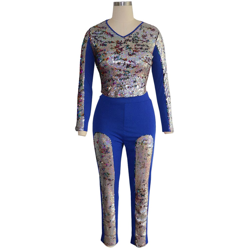 women's clothing Double-sided Colorful Sequin Long Sleeve V Neck Nightclub Tops & Trousers