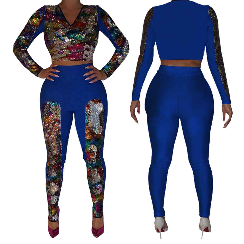 women's clothing Double-sided Colorful Sequin Long Sleeve V Neck Nightclub Tops & Trousers