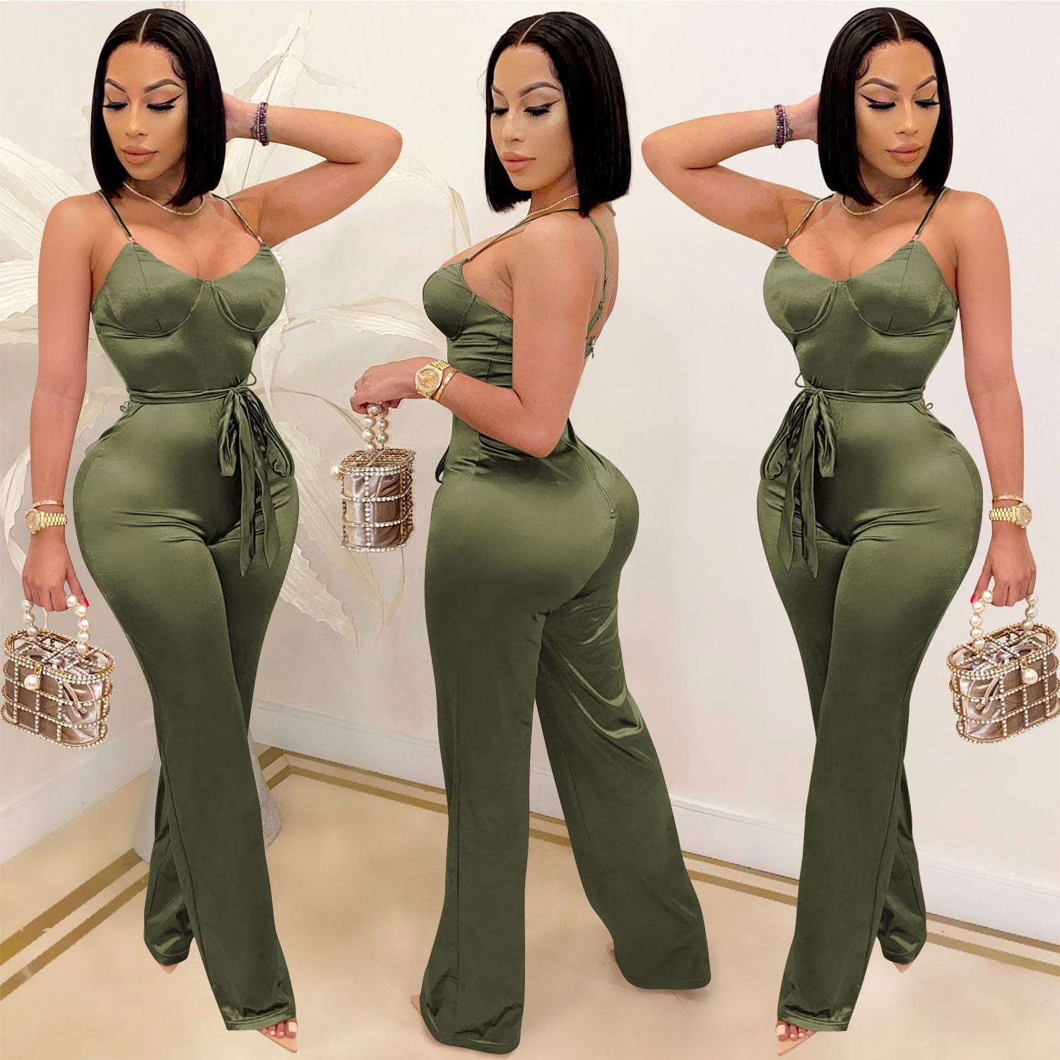 Women's clothing ladies tsolid color raight leg pants casual commuting suspender sexy one piece women jumpsuits