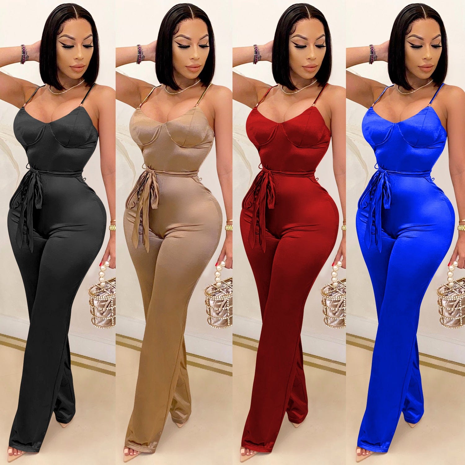 Women's clothing ladies tsolid color raight leg pants casual commuting suspender sexy one piece women jumpsuits