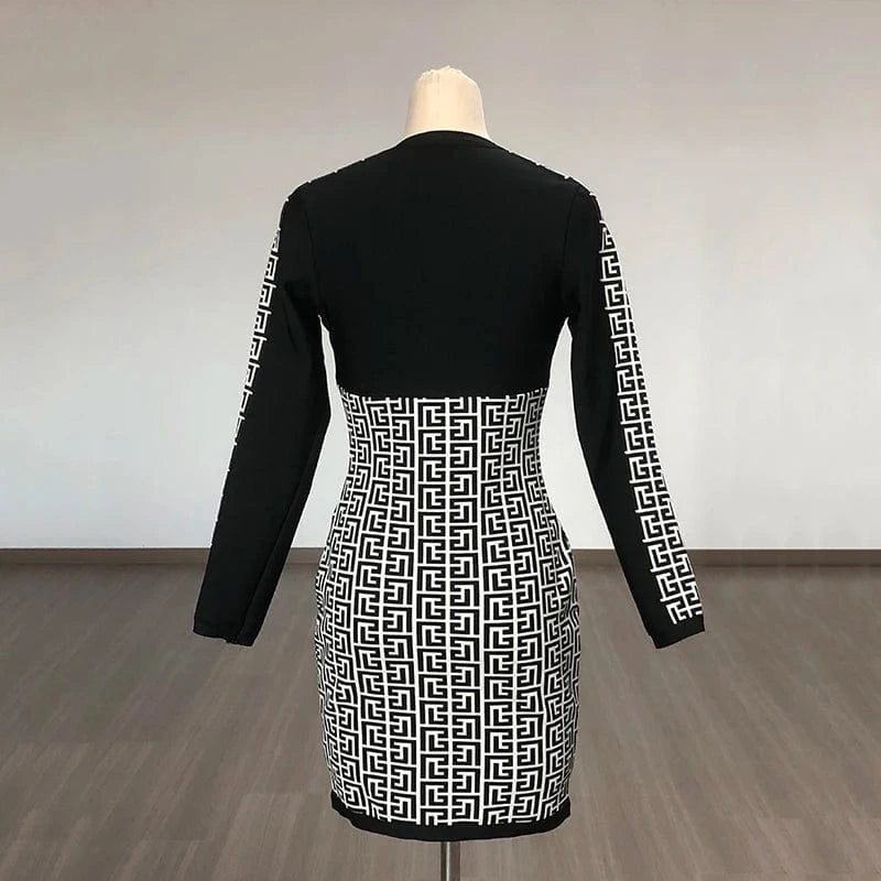 Women's Clothing V Neck Long Sleeve Jacquard Mini Dress Party Womens Dresses