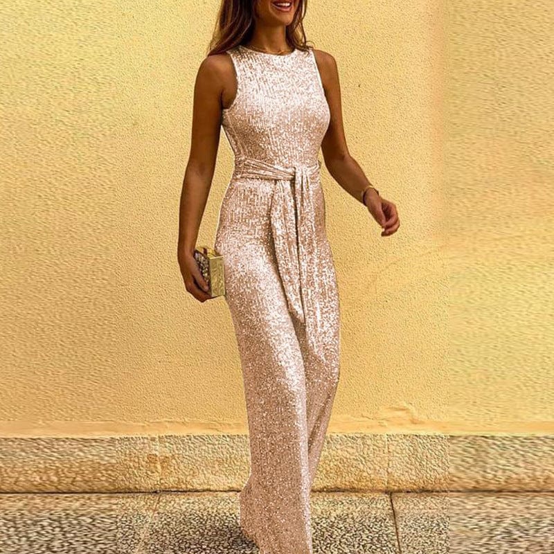 Women's club party ladies one piece wear O neck sleeveless personality sequin dot sexy bare back jumpsuit