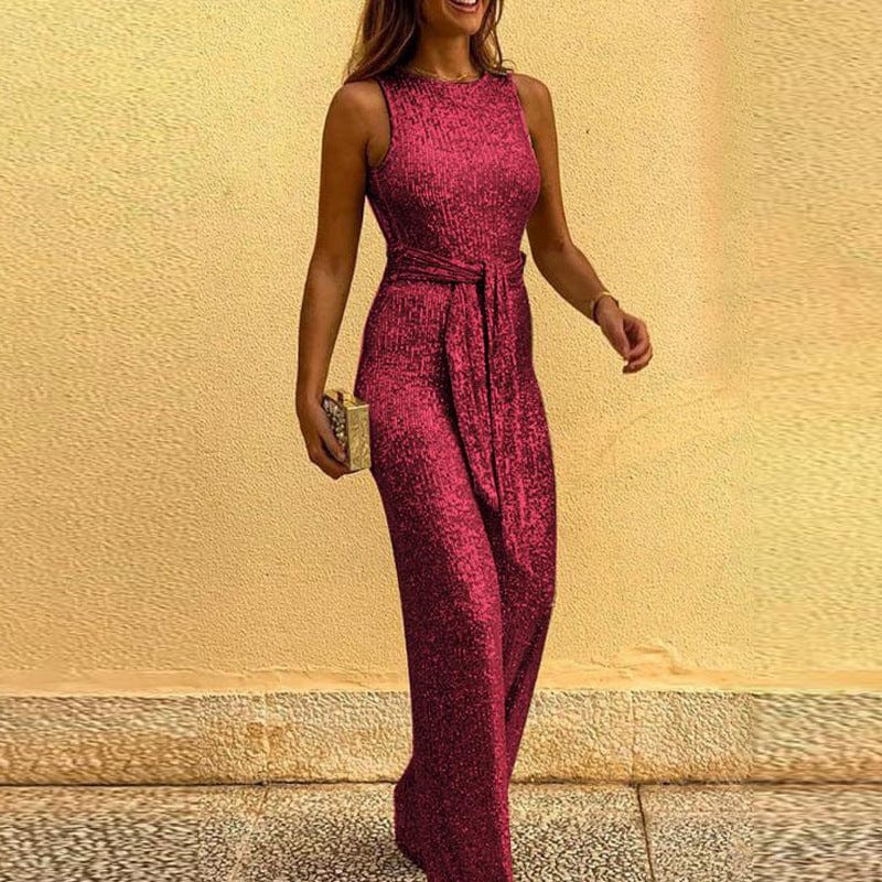 Women's club party ladies one piece wear O neck sleeveless personality sequin dot sexy bare back jumpsuit