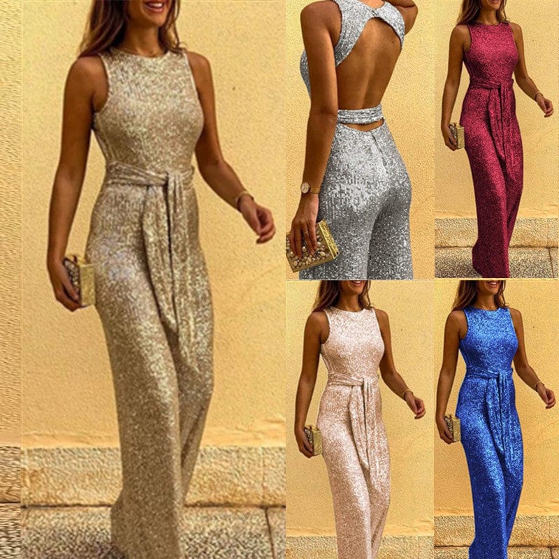 Women's club party ladies one piece wear O neck sleeveless personality sequin dot sexy bare back jumpsuit