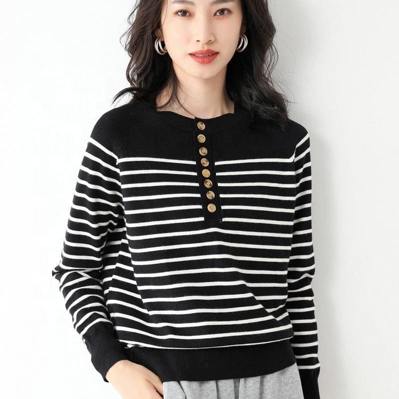 Women's Contrasting Color Striped Sweater Half High Neck Long Sleeve Base Shirt