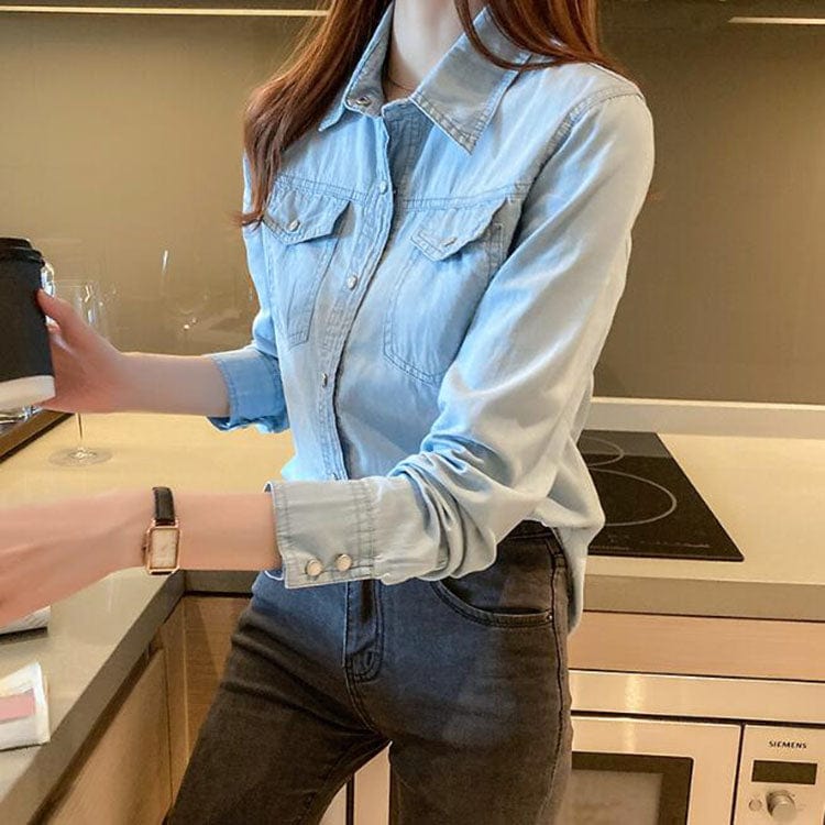 Women's Denim Shirt,Custom Autumn Slim Blue Denim Shirts for Women Casual Plain Long Sleeve Jean Shirt