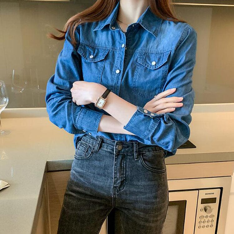 Women's Denim Shirt,Custom Autumn Slim Blue Denim Shirts for Women Casual Plain Long Sleeve Jean Shirt