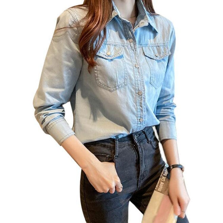 Women's Denim Shirt,Custom Autumn Slim Blue Denim Shirts for Women Casual Plain Long Sleeve Jean Shirt