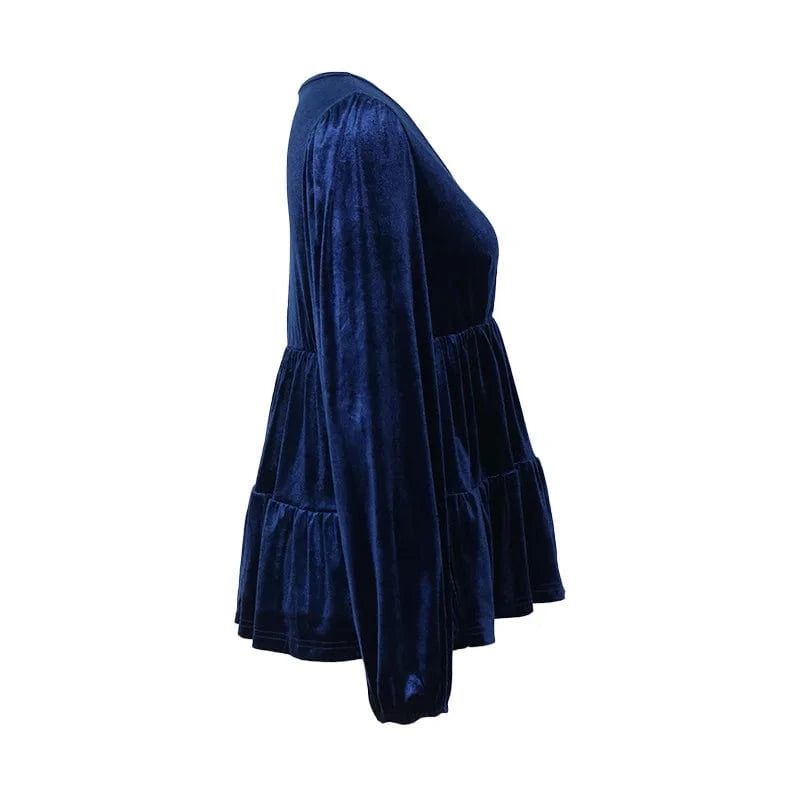 Women's Elegant Lantern Sleeve Ruffle Hem Velvet Peplum Blouse