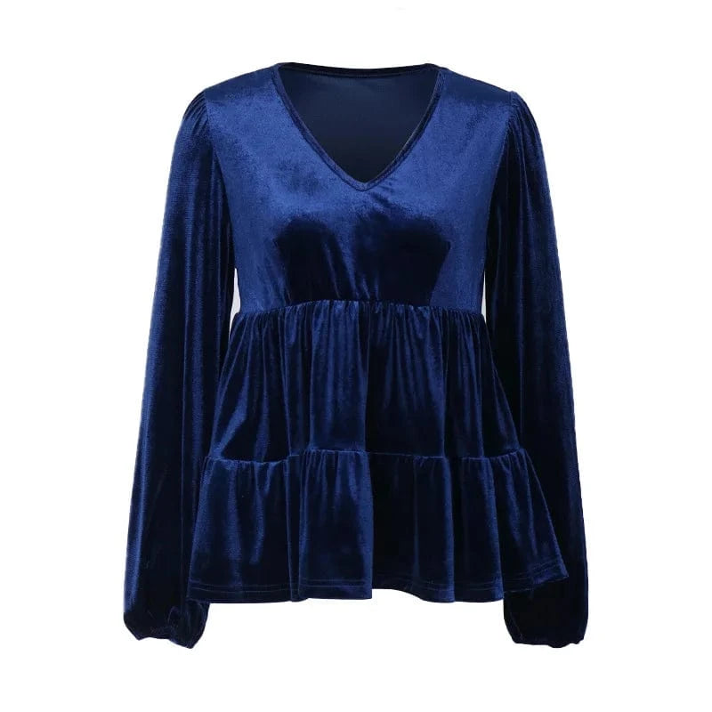 Women's Elegant Lantern Sleeve Ruffle Hem Velvet Peplum Blouse