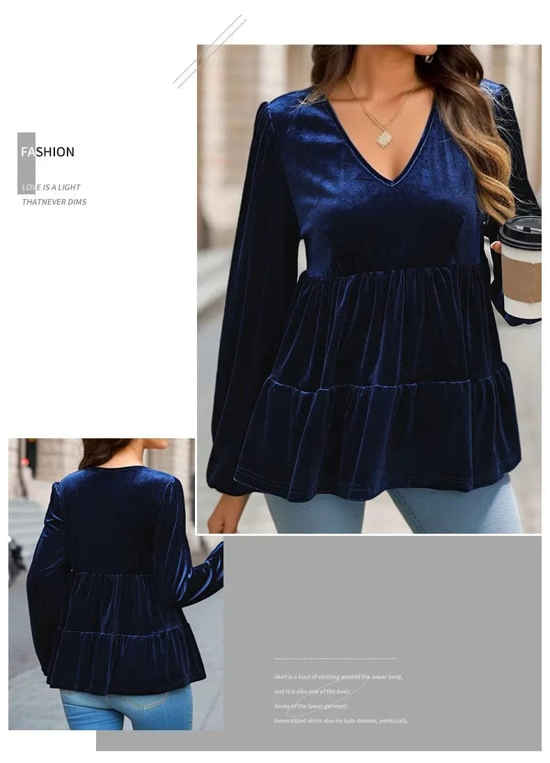 Women's Elegant Lantern Sleeve Ruffle Hem Velvet Peplum Blouse