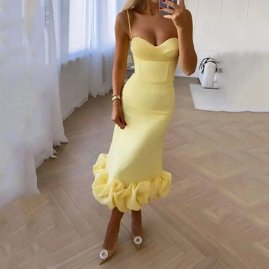 Women's Elegant Yellow Bodycon Sexy Strap Dress For Women Bandage Evening Dress