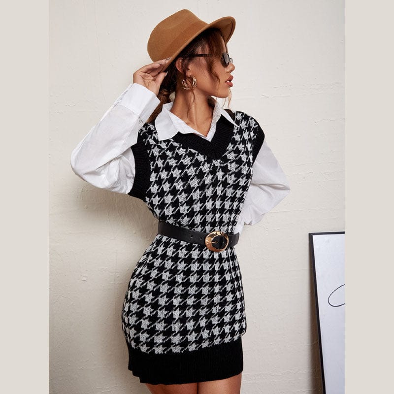 Women's European and American retro houndstooth plaid vest v-neck college style all-match knitted vest skirt ALW8616039