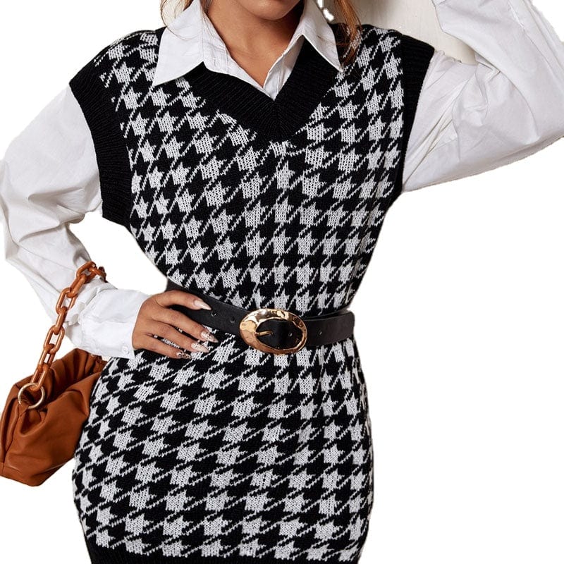 Women's European and American retro houndstooth plaid vest v-neck college style all-match knitted vest skirt ALW8616039