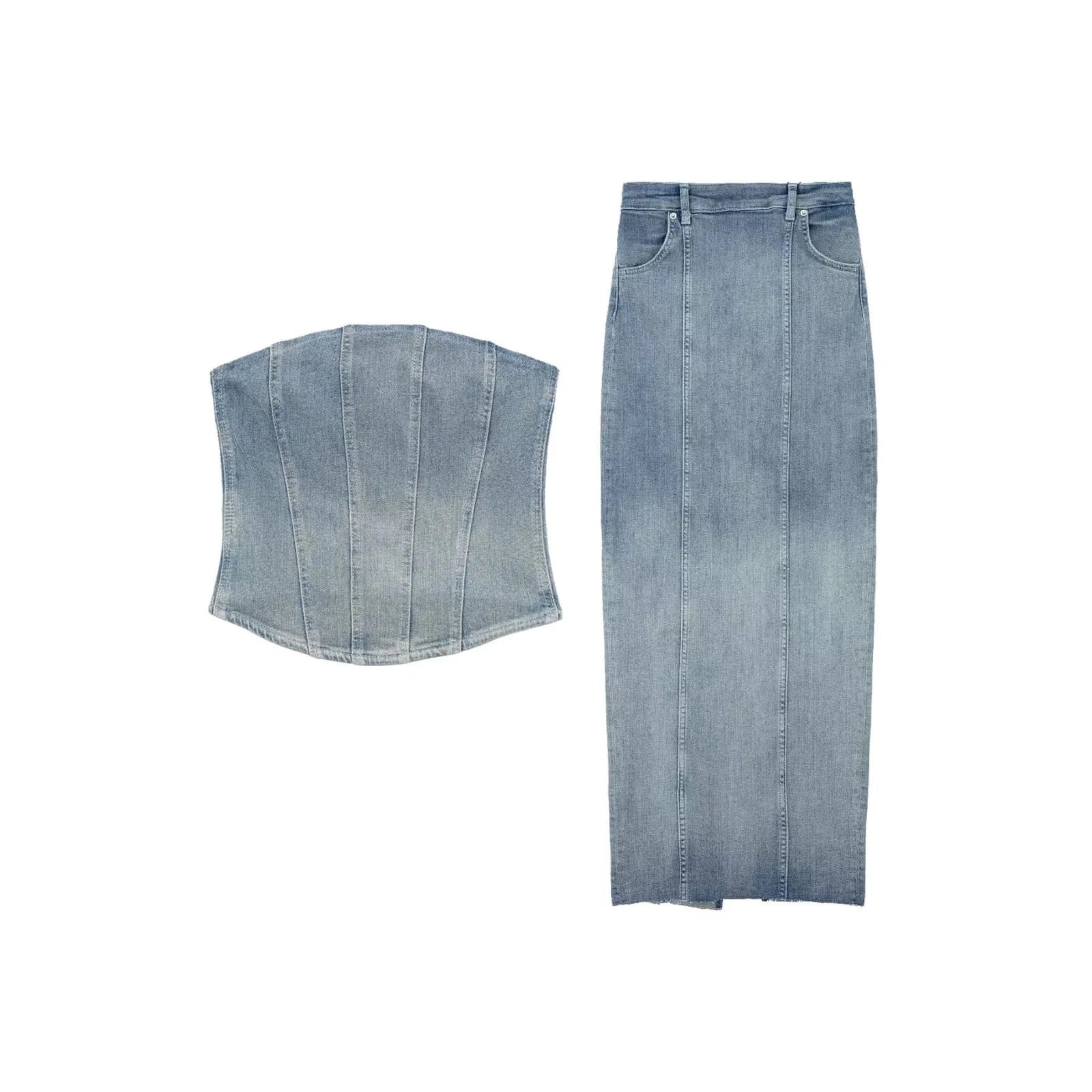 Women's European and American style denim tight fitting corset denim long skirt for women set