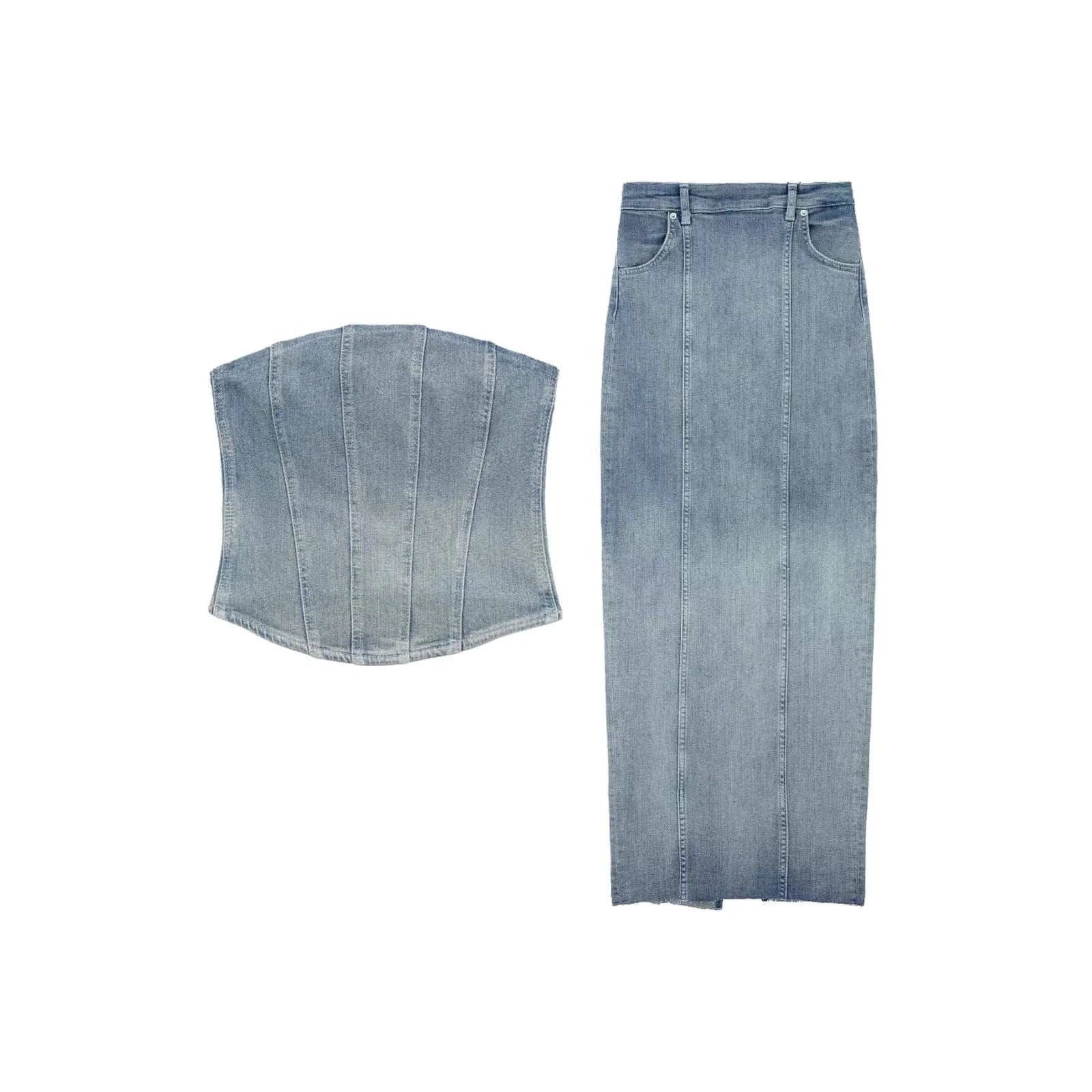 Women's European and American style denim tight fitting corset denim long skirt for women set