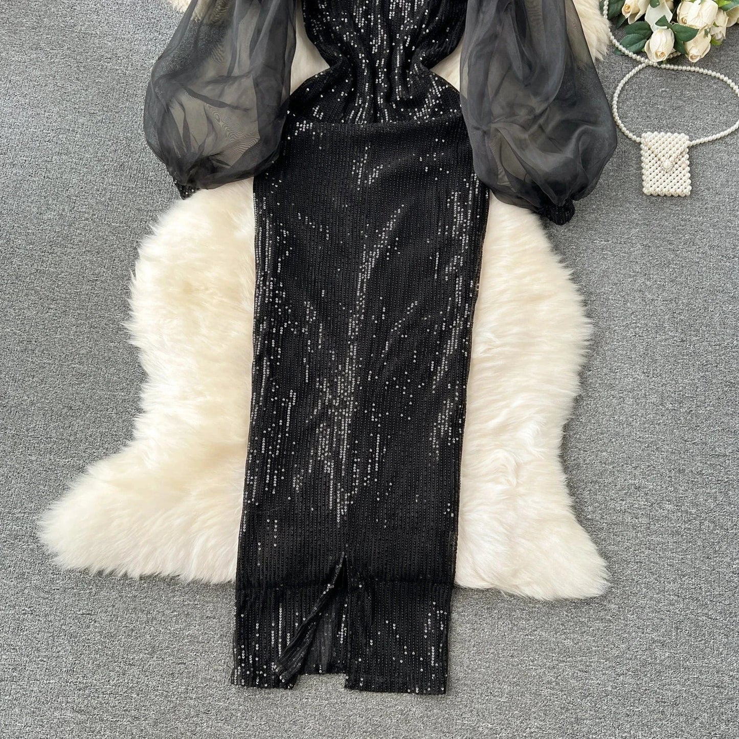 Women's Evening Dress 2024 New High Stretch Organza Long Sleeve Bodycon Dinner Party Dresses Elegant Black Dress 4x