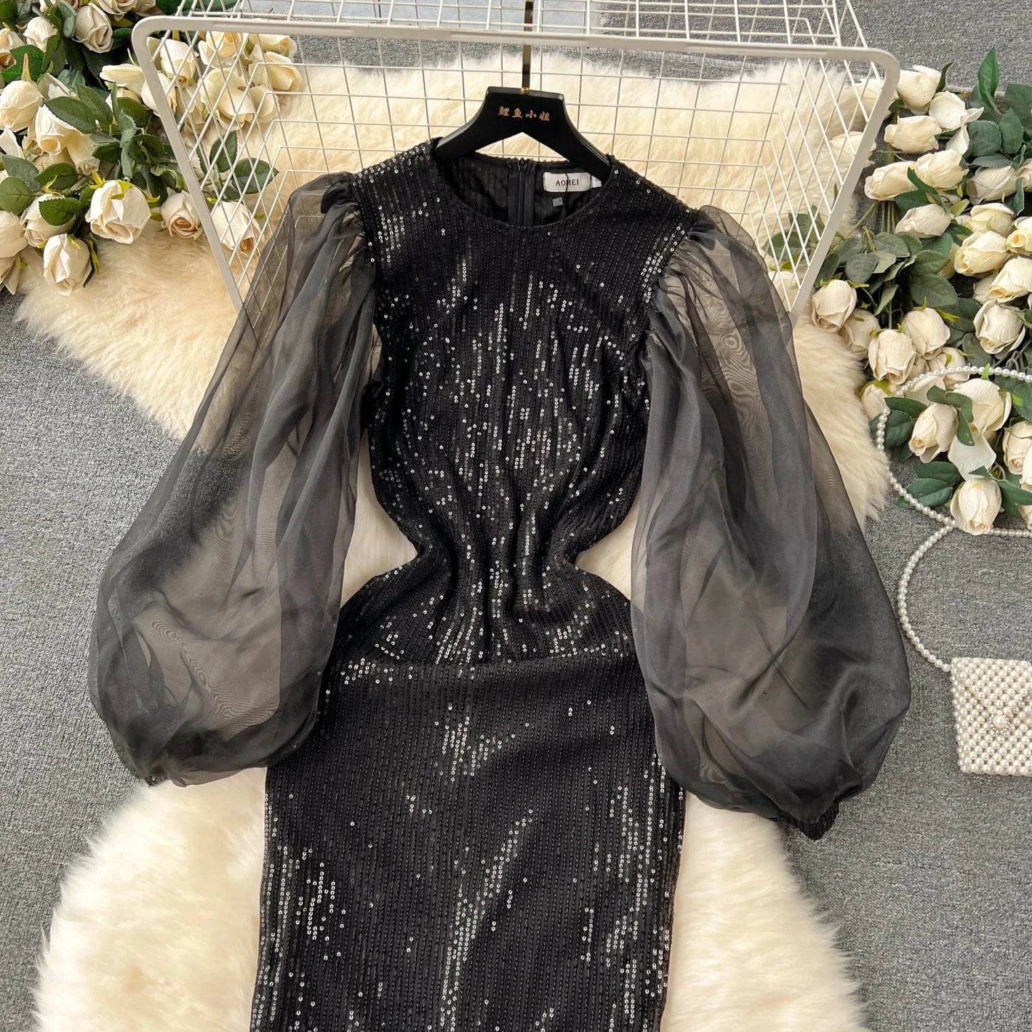 Women's Evening Dress 2024 New High Stretch Organza Long Sleeve Bodycon Dinner Party Dresses Elegant Black Dress 4x