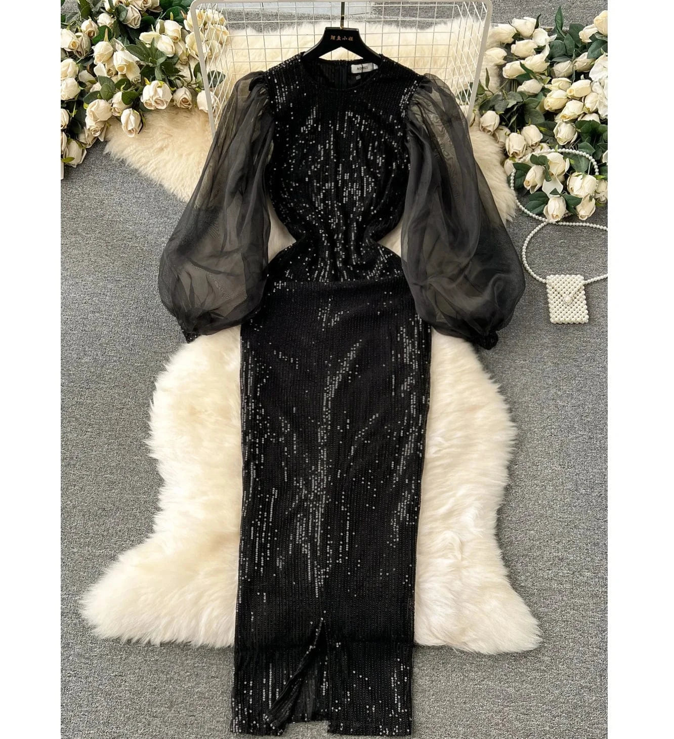 Women's Evening Dress 2024 New High Stretch Organza Long Sleeve Bodycon Dinner Party Dresses Elegant Black Dress 4x