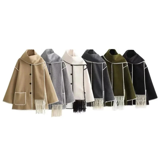 Women's fashion minimalist and versatile style multi-color scarf decoration patchwork woolen jacket