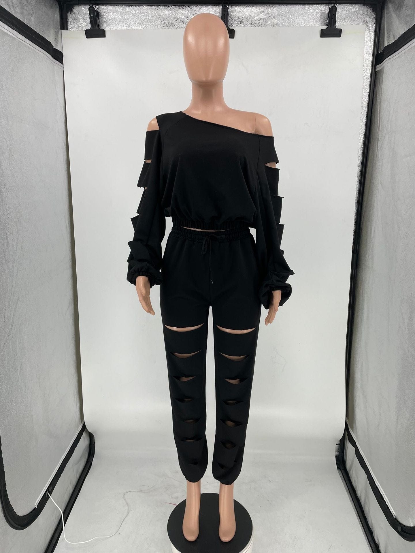 Women's fashion solid color hollow loose casual sloping shoulder sweater two-piece set