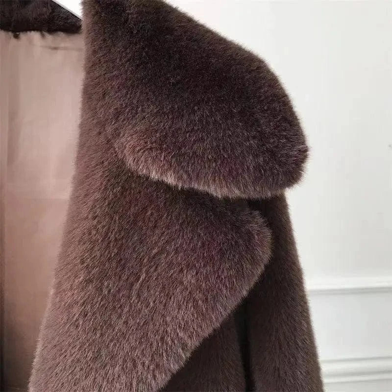 Women's Faux Shaggy Coat Fashion Long Sleeve Trench Coat Faux Mink Long Winter Coat