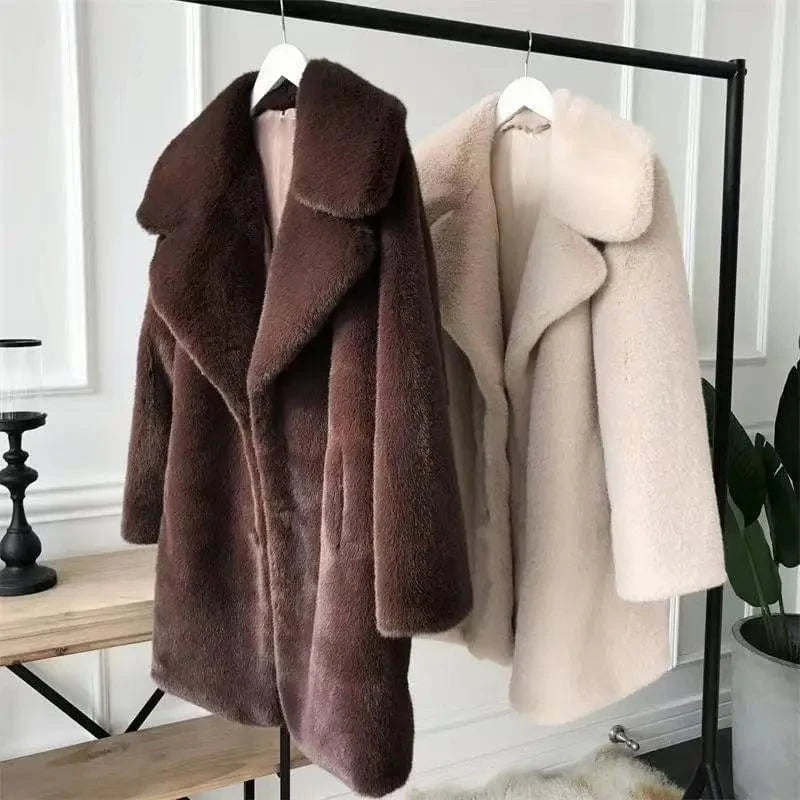 Women's Faux Shaggy Coat Fashion Long Sleeve Trench Coat Faux Mink Long Winter Coat