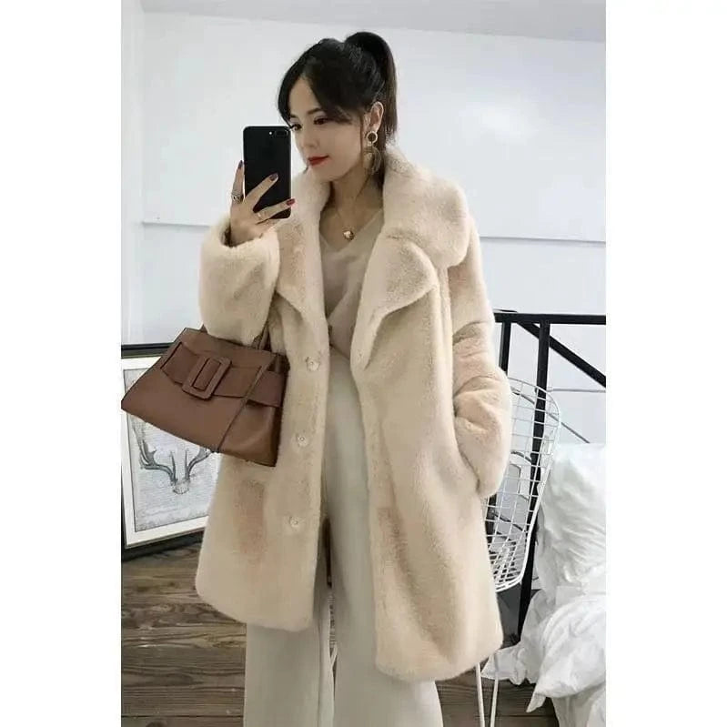 Women's Faux Shaggy Coat Fashion Long Sleeve Trench Coat Faux Mink Long Winter Coat