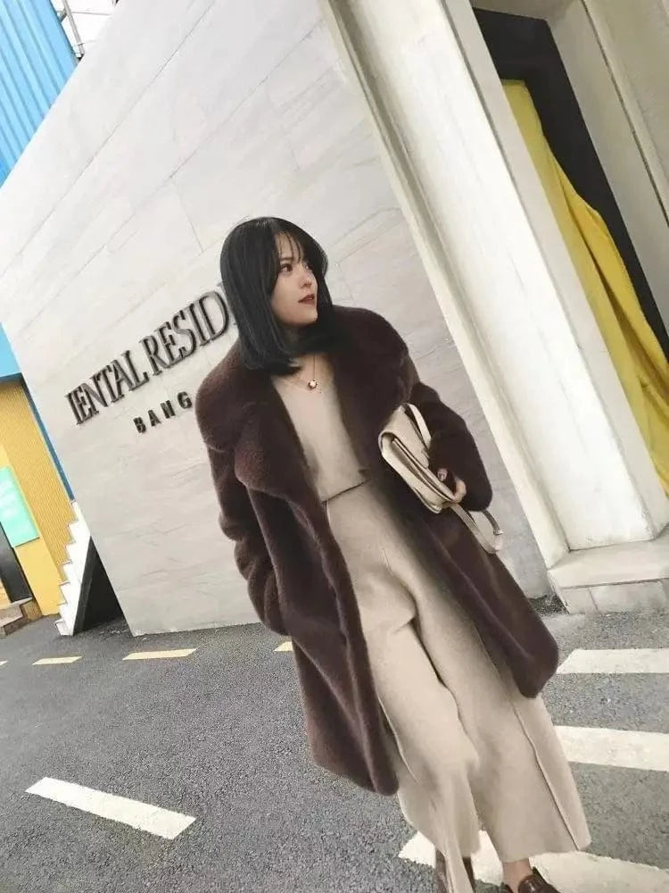 Women's Faux Shaggy Coat Fashion Long Sleeve Trench Coat Faux Mink Long Winter Coat