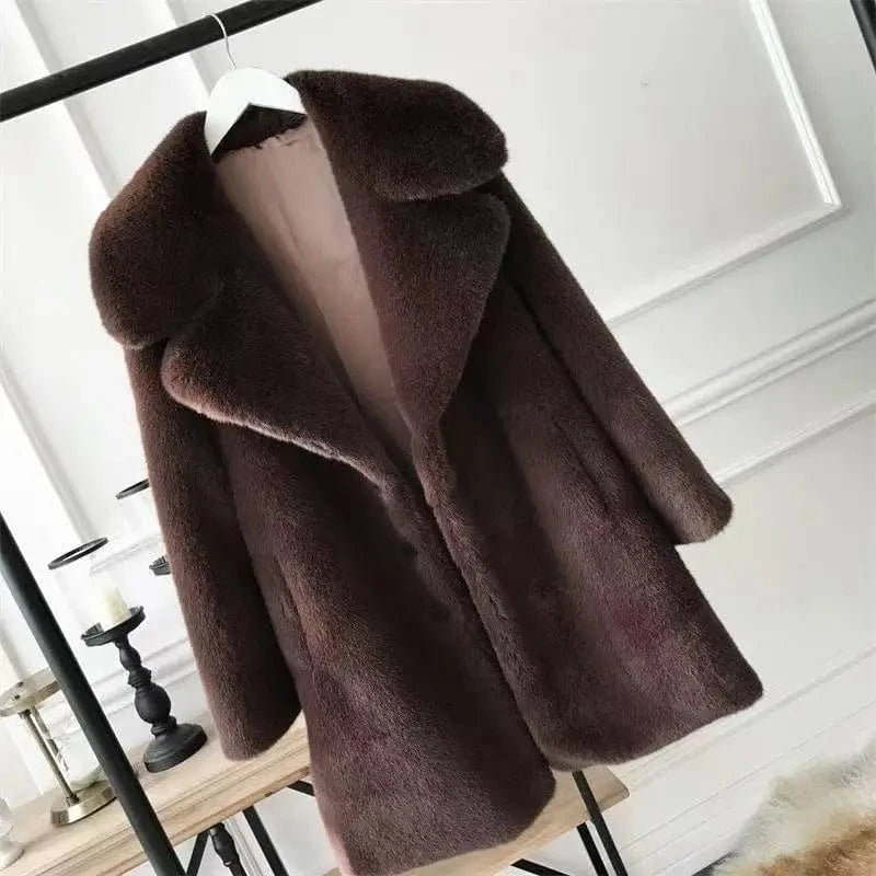 Women's Faux Shaggy Coat Fashion Long Sleeve Trench Coat Faux Mink Long Winter Coat