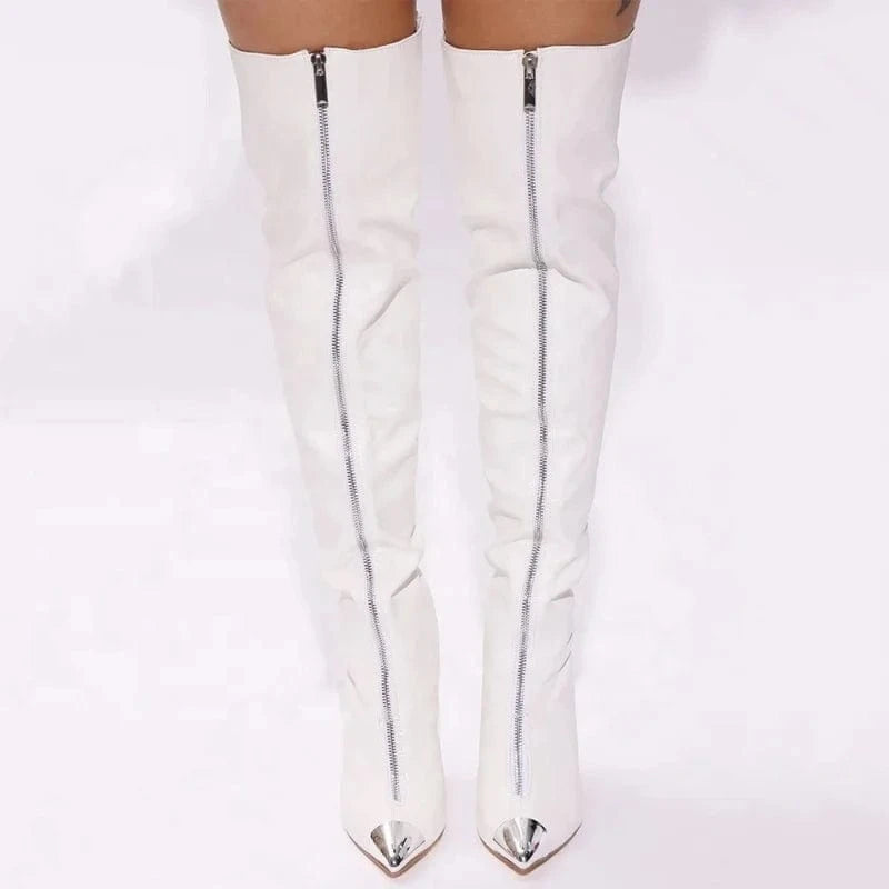 Women's Front Silver Zipper Metal Pointed toe Long Boots Skintight Thigh High Booties Sexy Dress Stiletto Stage Shoes