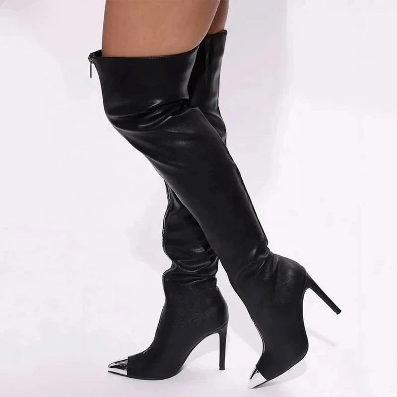 Women's Front Silver Zipper Metal Pointed toe Long Boots Skintight Thigh High Booties Sexy Dress Stiletto Stage Shoes