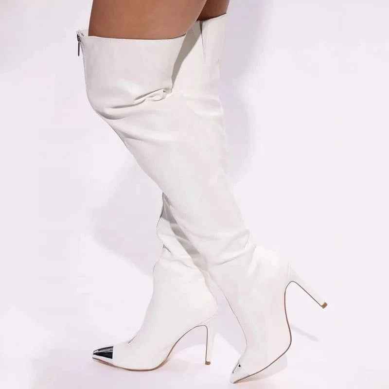 Women's Front Silver Zipper Metal Pointed toe Long Boots Skintight Thigh High Booties Sexy Dress Stiletto Stage Shoes