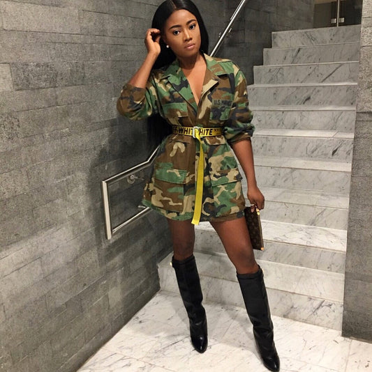 Women's Green Camouflage long Sleeve Coat Long Sleeve Lightweight Casual Snap Button Parka Coat Plus Size