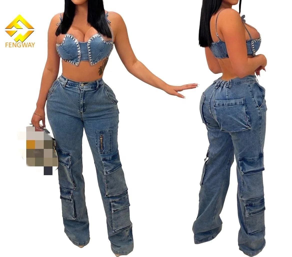 Women's High Waist Multi Pocket Cargo Denim Jeans