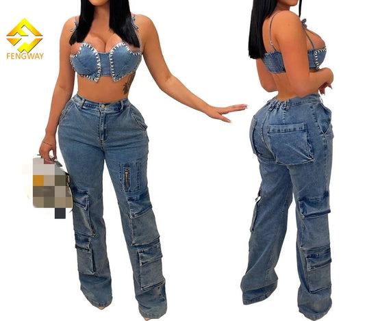 Women's High Waist Multi Pocket Cargo Denim Jeans