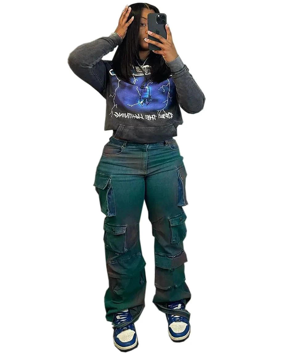 Women's High-Waisted Cargo Patchwork Denim Jeans