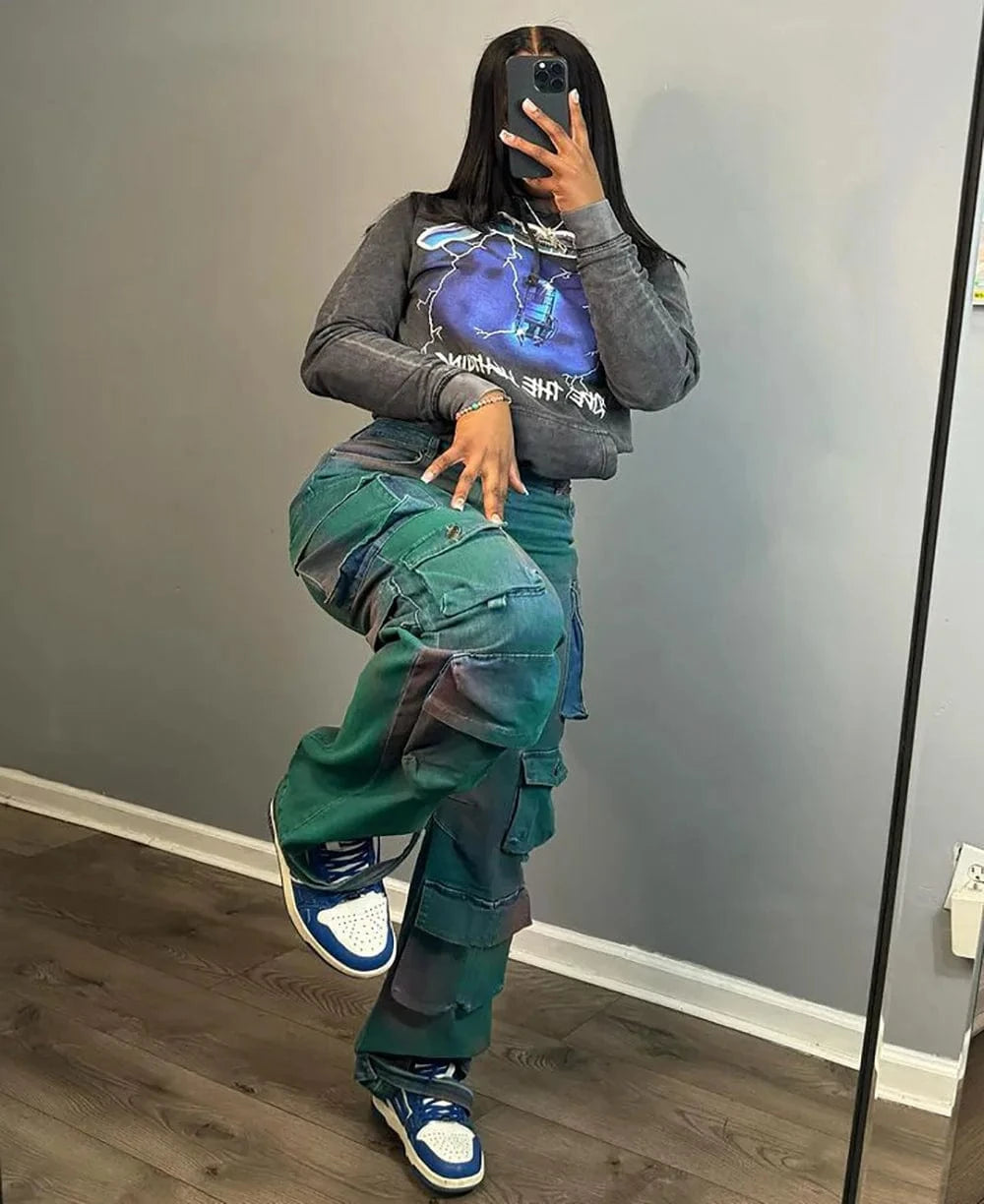 Women's High-Waisted Cargo Patchwork Denim Jeans