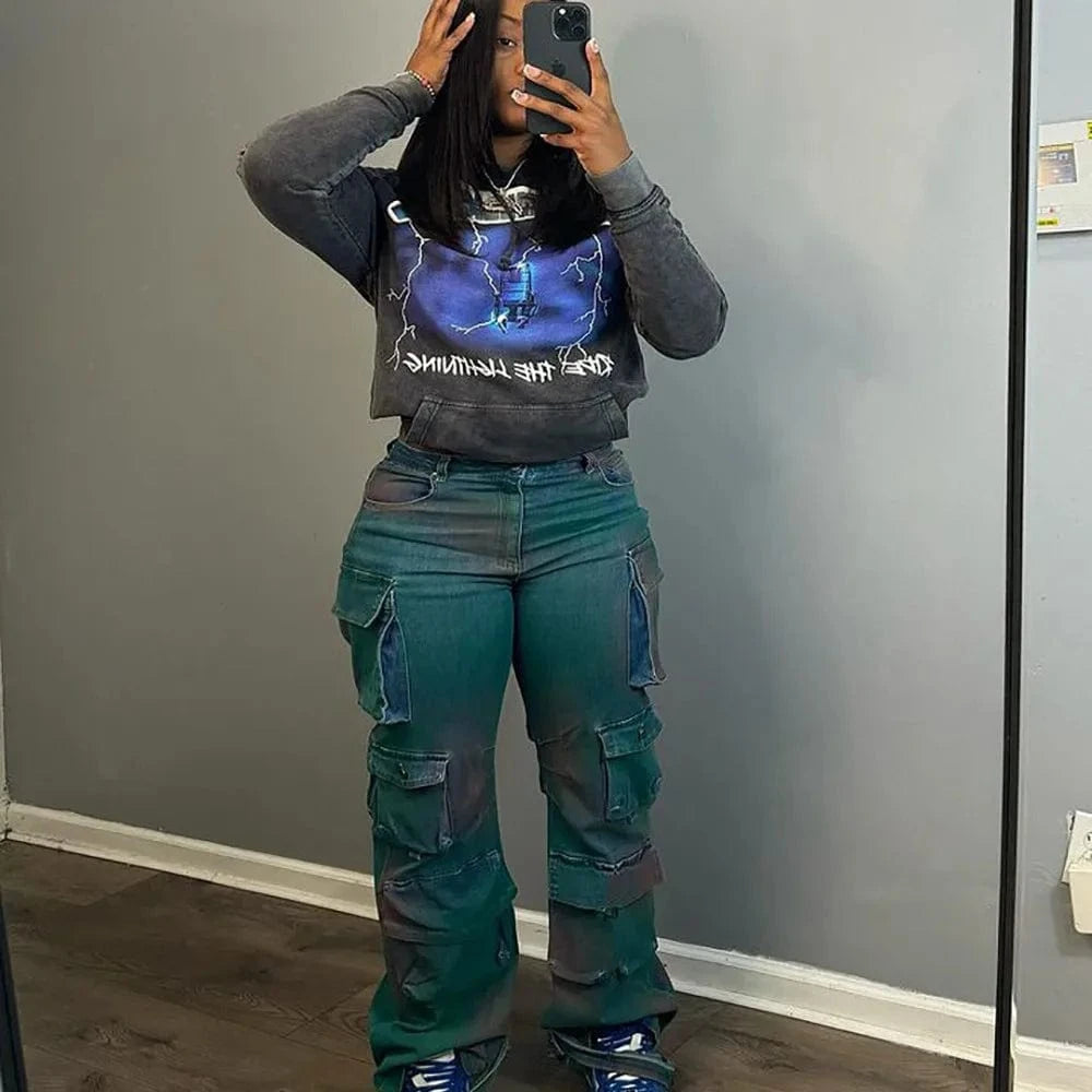 Women's High-Waisted Cargo Patchwork Denim Jeans