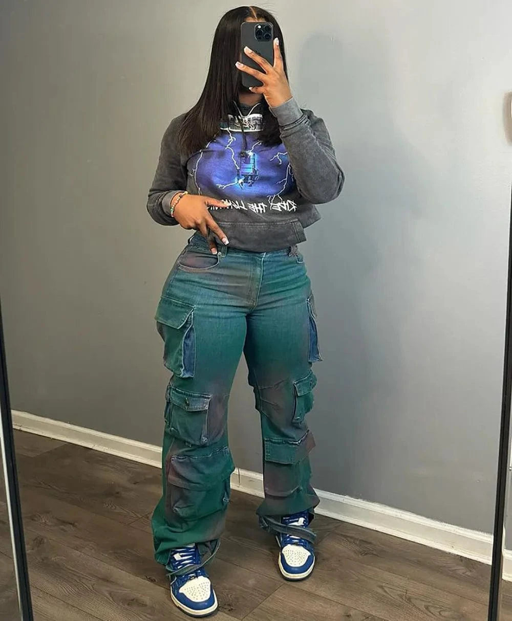 Women's High-Waisted Cargo Patchwork Denim Jeans