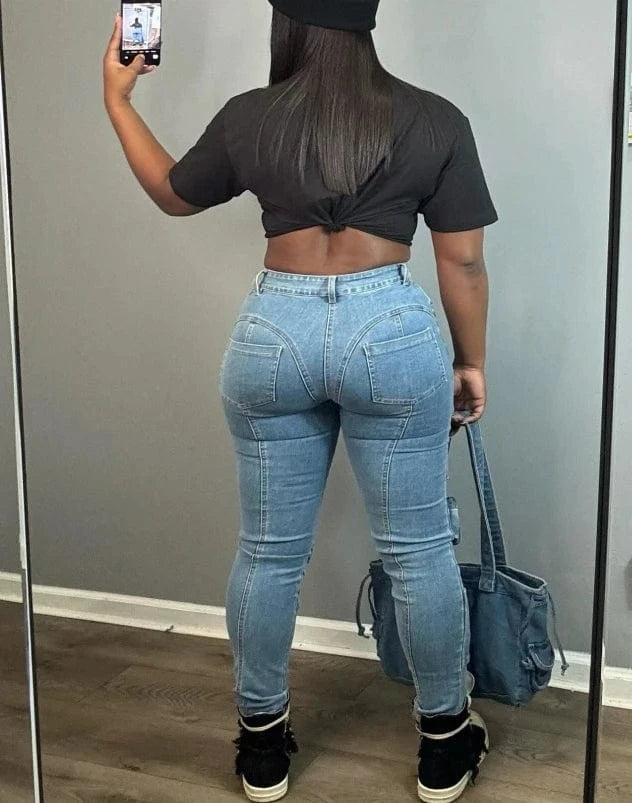 Women's High-Waisted Cargo Pocket Denim Jeans