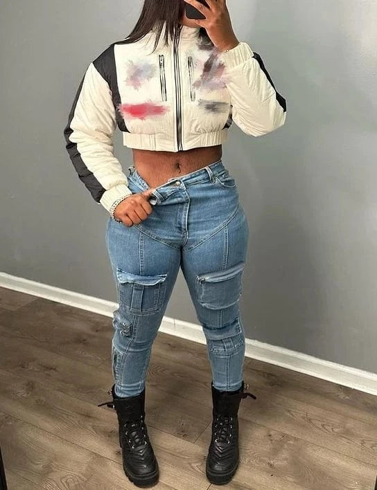 Women's High-Waisted Cargo Pocket Denim Jeans