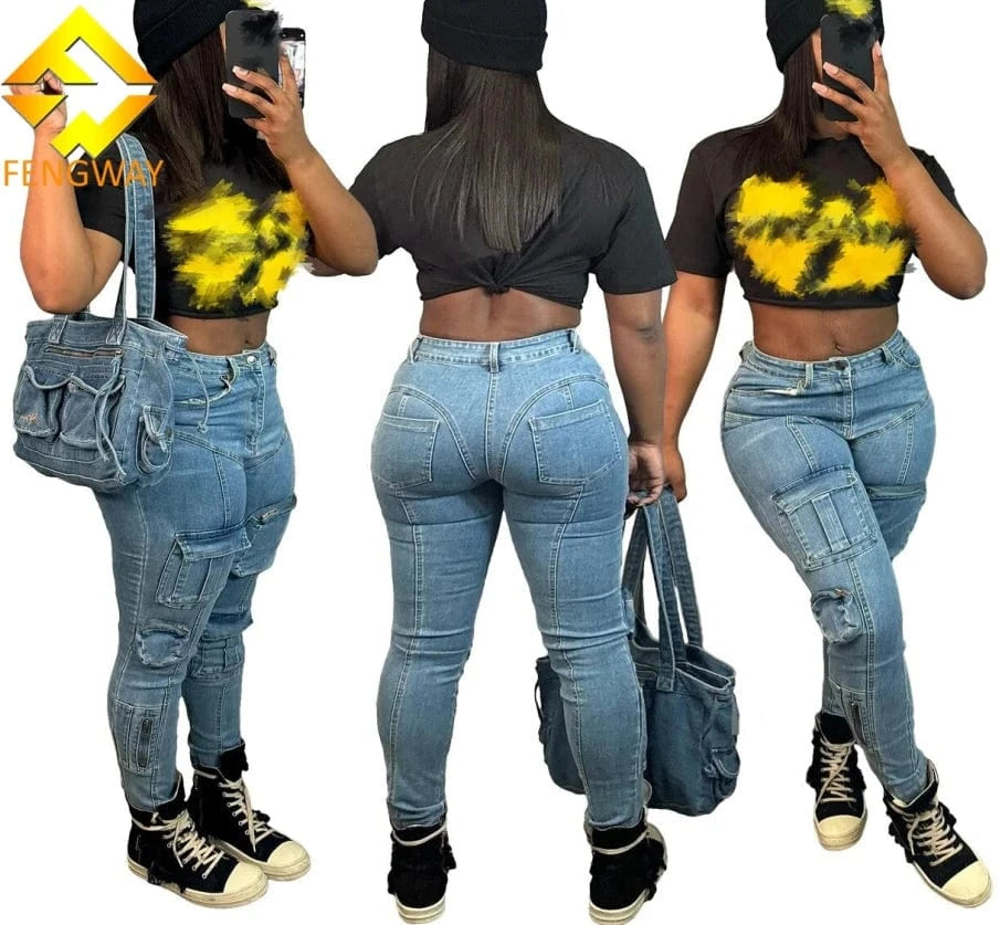 Women's High-Waisted Cargo Pocket Denim Jeans
