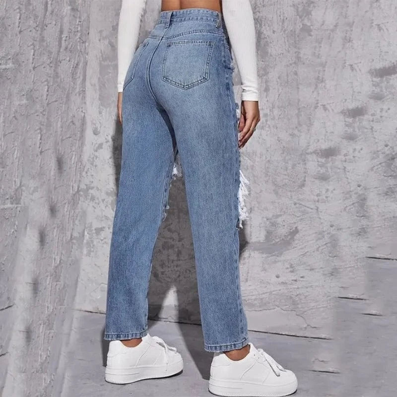 Women's High-Waisted Distressed Ripped Blue Denim Jeans