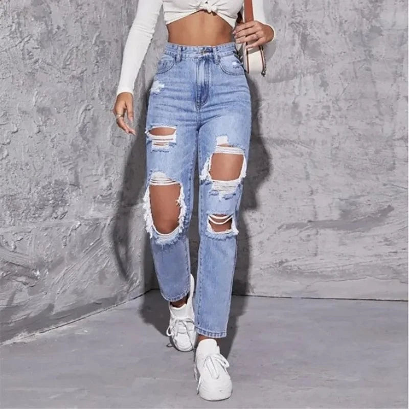 Women's High-Waisted Distressed Ripped Blue Denim Jeans