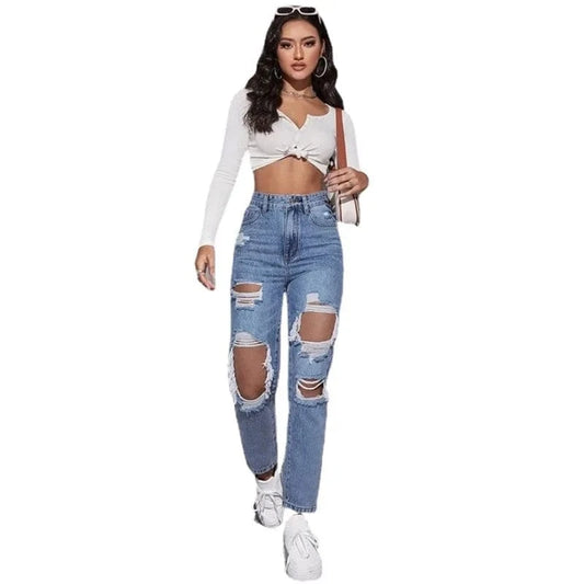 Women's High-Waisted Distressed Ripped Blue Denim Jeans